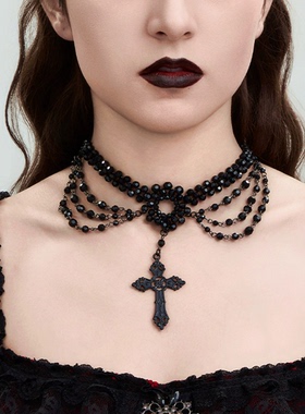 Sumyee宫廷风黑色蕾丝锁骨链哥特女巫复古十字架水晶串珠流苏项链