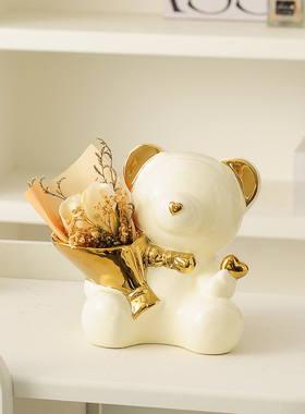 奶油风创意暴力熊捧花摆件玄关