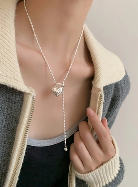 925纯银不规则凹面立体爱心项链抽拉调节