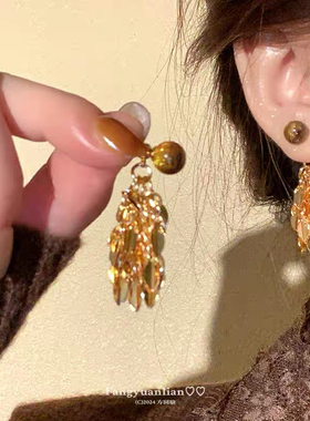 金色羽翼-美拉德风虎眼石流苏耳环女气质百搭耳钉轻奢高级感耳饰