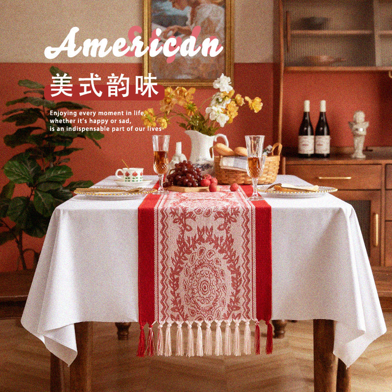红色美式桌旗复古轻奢高级感高端餐桌长条盖布茶几电视柜布置装饰,淘宝优惠券,粉丝福利购,淘宝优惠卷