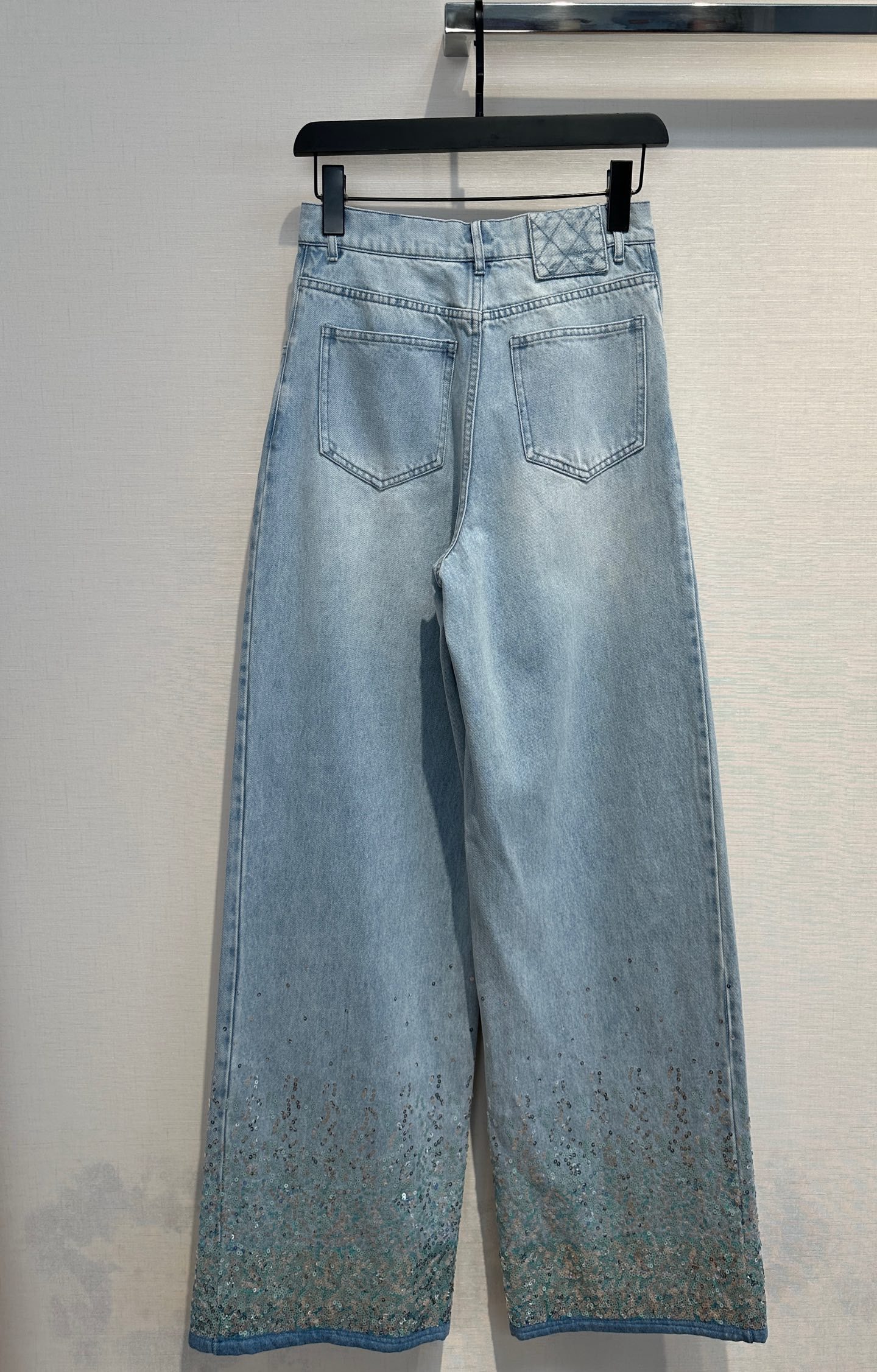 2025新款重工珠片刺绣钉珠裤脚拼色浅蓝色牛仔裤休闲阔腿长裤,淘宝优惠券,粉丝福利购,淘宝优惠卷