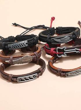 编织手链多层男女式情侣机车复古真皮手环朋克Bracelet leather