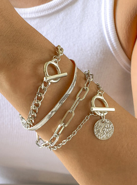 4Pcs Punk Heavy Metal Big Thick Chain Bracelet Set 手链女ins