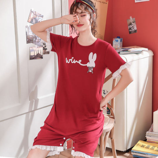 Kurzärärmelte reines Baumwoll-Nachthemd für Frauen in der Sommerdünne Student Großgröße Lose zweiköpfiger Pyjamas Rock Home Kleidung Sommer