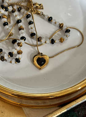 小夜曲 黄打屁小众设计闪虎眼石白玉天然法复古叠戴组合钛钢项链