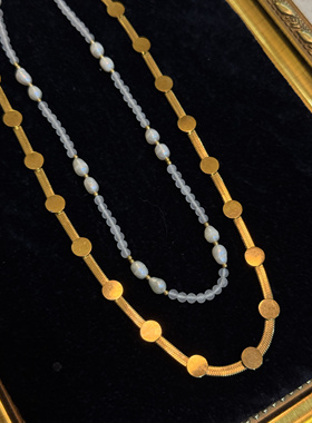 海浪之上 黄打屁氛围感韩甜简约淡水珍珠钛钢组合项链锁骨链颈链