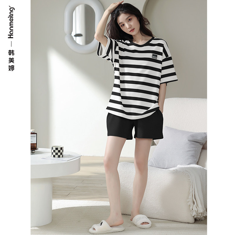 夏季短袖短裤家居服条纹纯棉睡衣 韩美婷睡衣/家居服套装