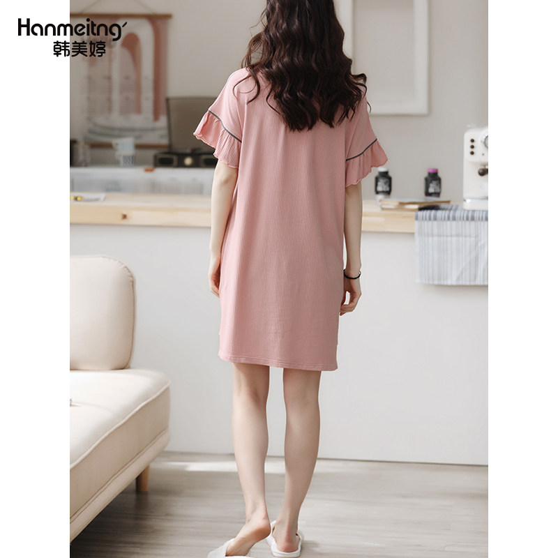 莫代尔睡裙夏季短袖连体圆领睡裙子 韩美婷睡裙