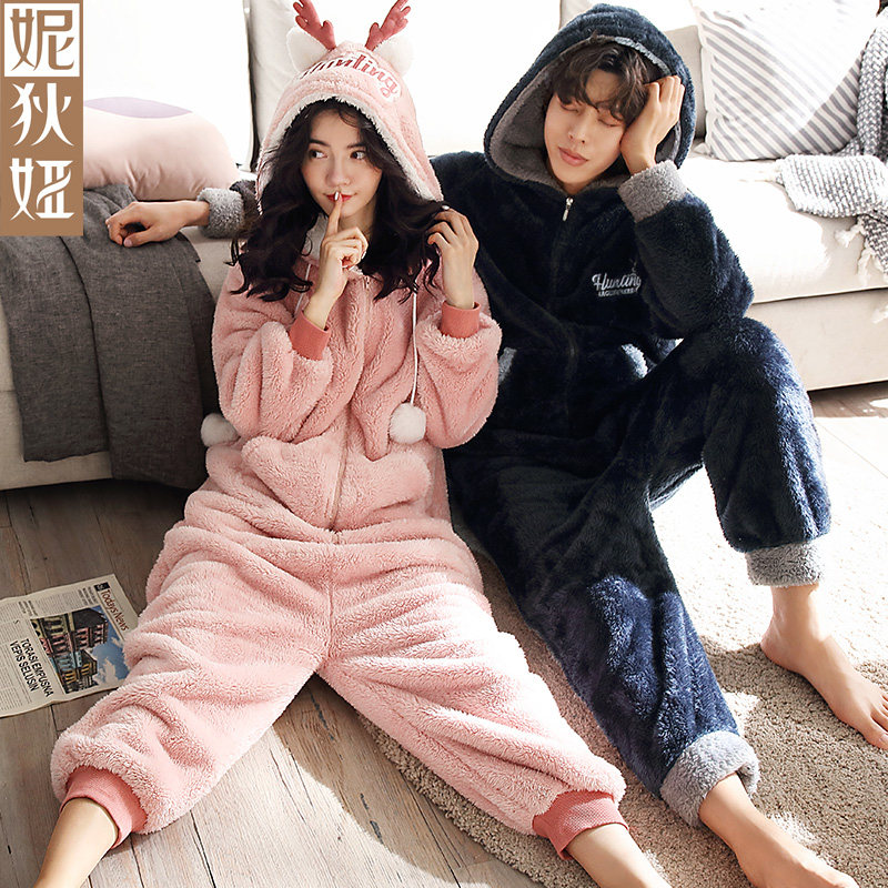 情侣冬珊瑚绒长袖卡通加厚连体睡衣 妮狄娅汕头睡衣/家居服套装