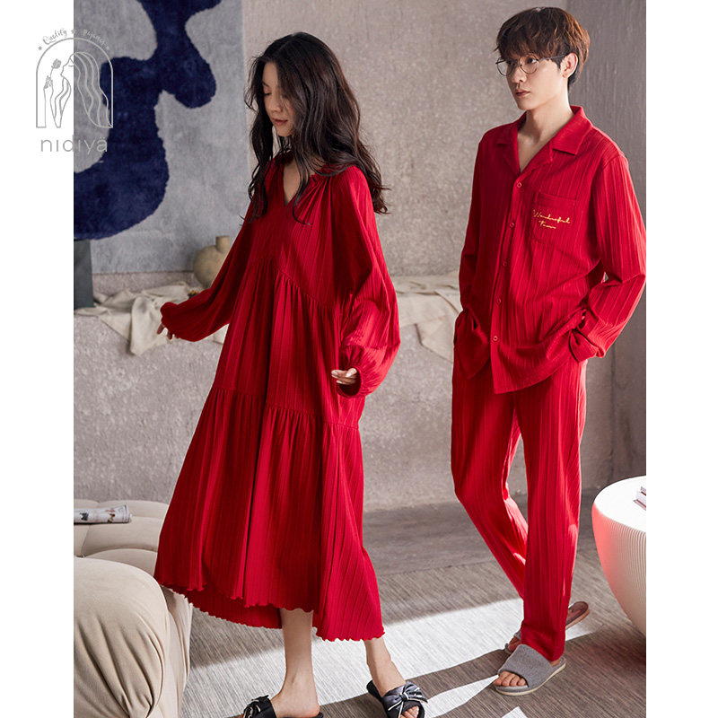 妮狄娅情侣春秋款中长纯棉男士睡裙 妮狄娅汕头睡衣/家居服套装