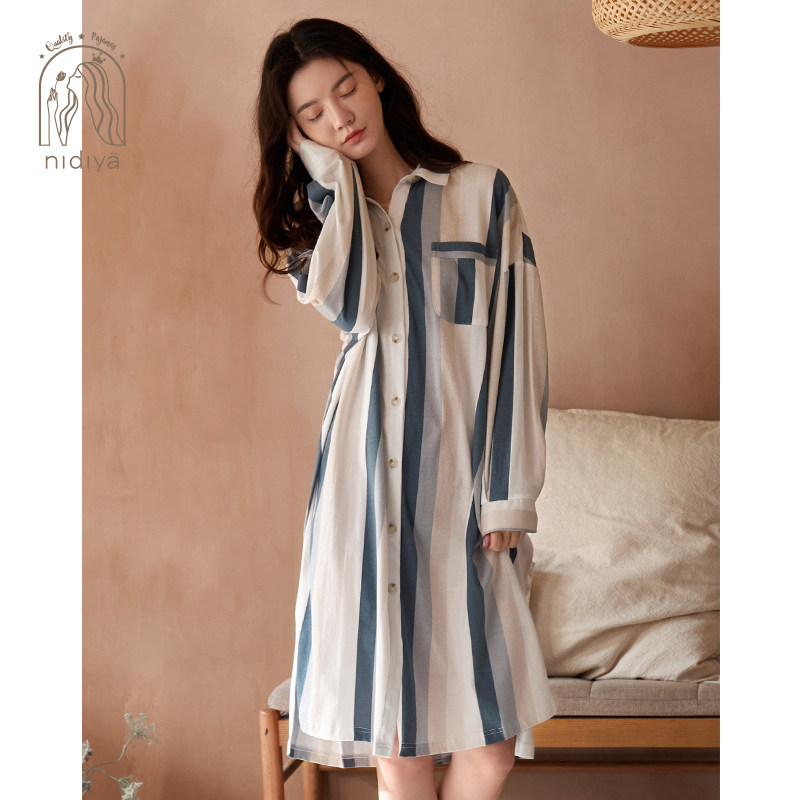 妮狄娅春秋纯棉中长款休闲复古睡裙 妮狄娅汕头睡裙