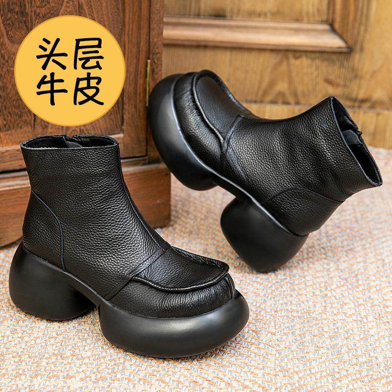 头层牛皮增高跟厚底加绒保暖短靴英伦风松糕底女靴真皮粗跟马丁靴,淘宝优惠券,粉丝福利购,淘宝优惠卷