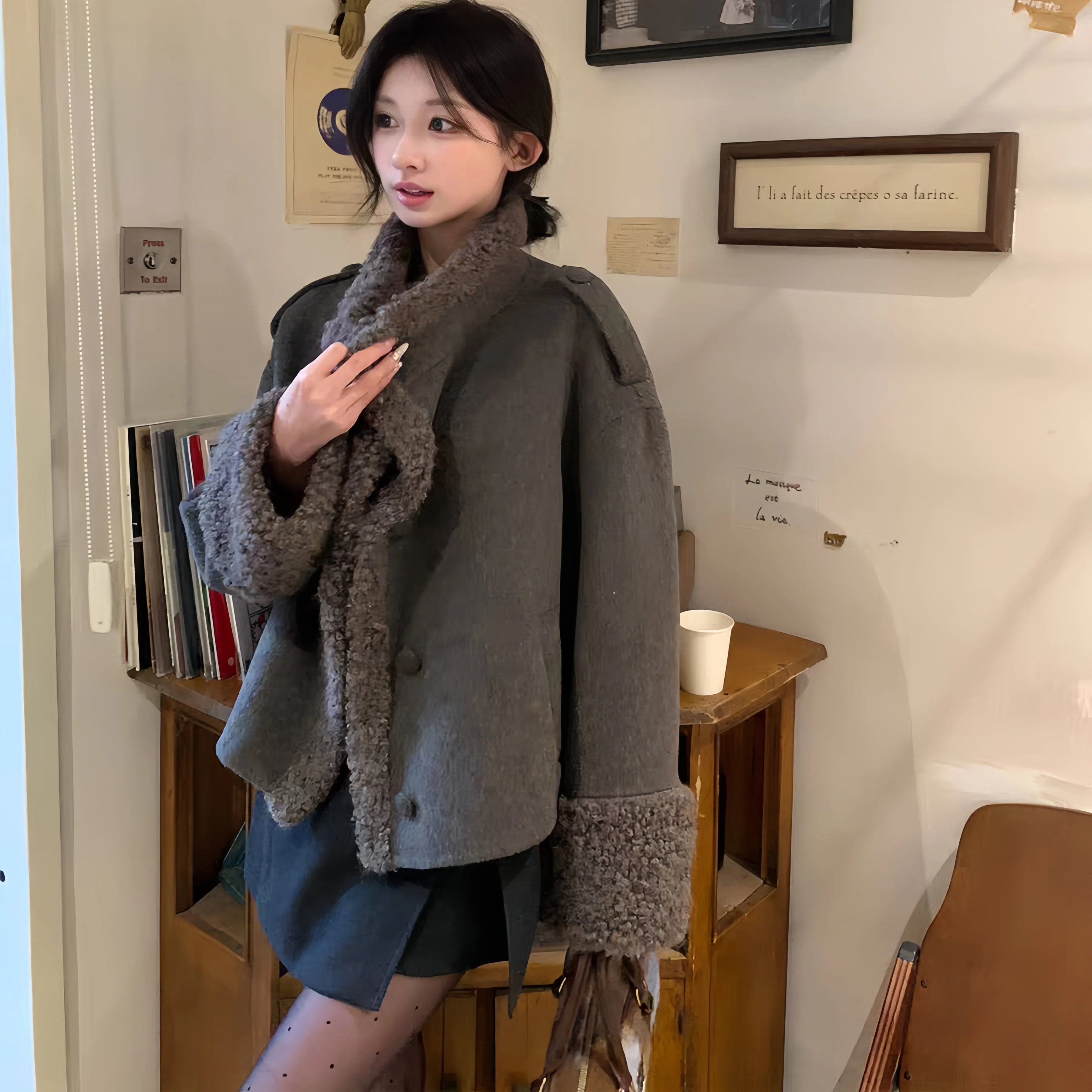 2025冬季新款立领小个子显瘦拼接仿羊羔毛短款百搭双面羊毛大衣,淘宝优惠券,粉丝福利购,淘宝优惠卷