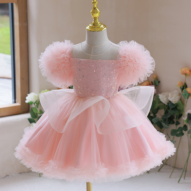 粉色儿童夏季短袖女孩公主裙超仙蓬蓬裙生日花童网纱礼服演出服