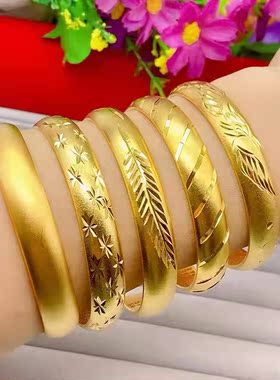 越南沙金手镯女款光面实心加宽加厚 24k金色首饰镀金镯子久不掉色