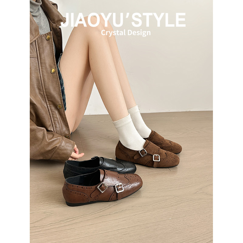 真皮~骄屿复古皮带扣雕花布洛克乐福鞋一脚蹬单鞋方头百搭小皮鞋 - 图1