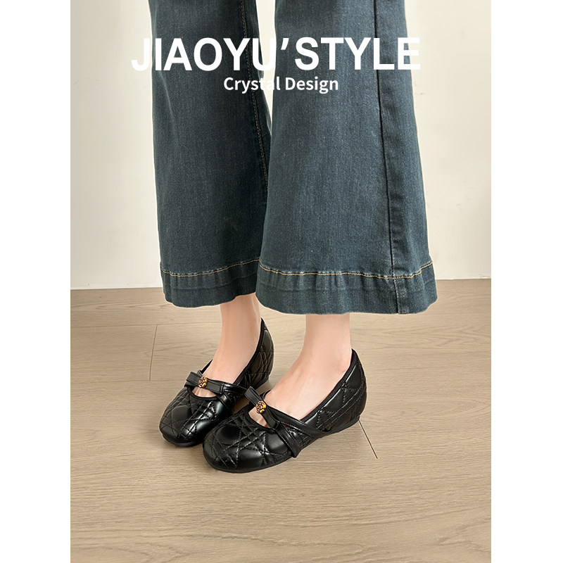 真皮~骄屿小香风黑色菱格玛丽珍鞋女2026春季新款蝴蝶结浅口单鞋,淘宝优惠券,粉丝福利购,淘宝优惠卷