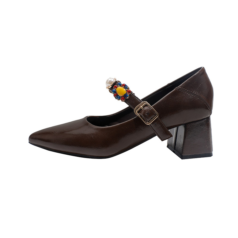 真皮~骄屿法式尖头玛丽珍鞋一字带复古百搭粗高跟鞋浅口通勤单鞋