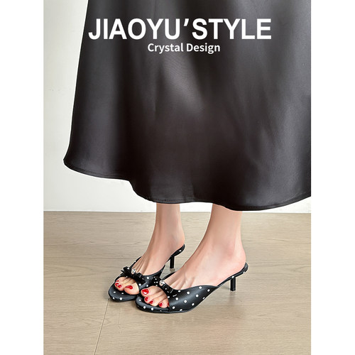 真皮~骄屿仙女风波点一字带拖鞋女外穿2026夏新款百搭露趾凉拖鞋 - 图0