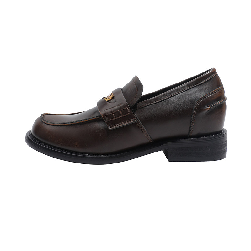 真皮~骄屿棕色乐福鞋女2025新款复古小金币小皮鞋内增高法式单鞋