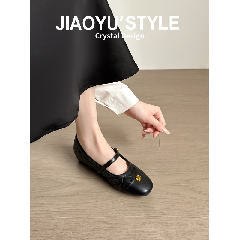 真皮~骄屿法式粗跟玛丽珍高跟鞋女2026春新款山茶花拼接浅口单鞋,淘宝优惠券,粉丝福利购,淘宝优惠卷