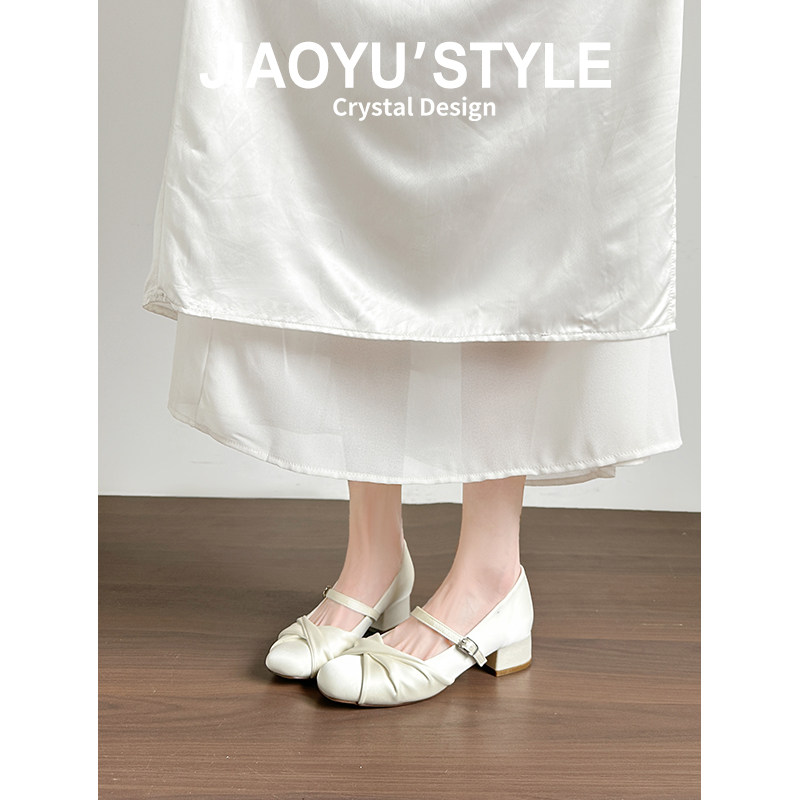 真皮~骄屿小香风芭蕾玛丽珍鞋女2026春新款裸色高跟鞋配裙子单鞋