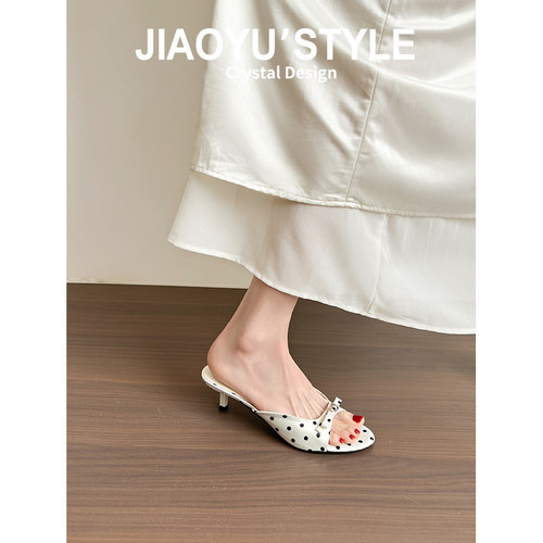 真皮~骄屿仙女风波点一字带拖鞋女外穿2026夏新款百搭露趾凉拖鞋 - 图2