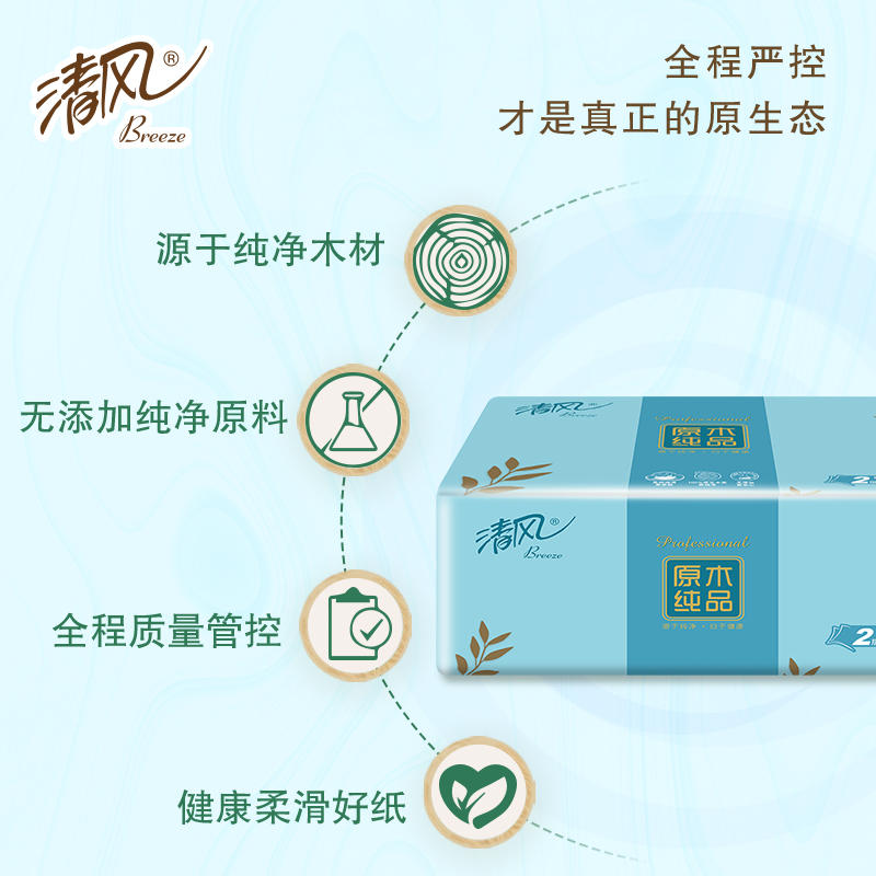 清风植萃原木纯品抽纸2层200抽家用面巾纸餐巾纸整箱20包装