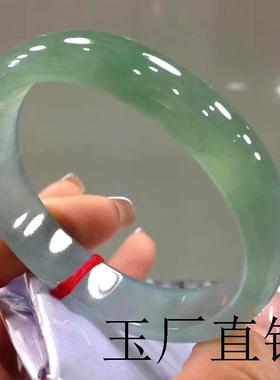 缅甸翡翠色冰种飘花镯子浅绿色玉石女款正圈平安镯油青玉手镯证书
