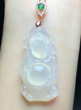 帝王冰种玉髓财神爷吊坠透亮男女同款高冰玉石挂件项链处理玻璃种