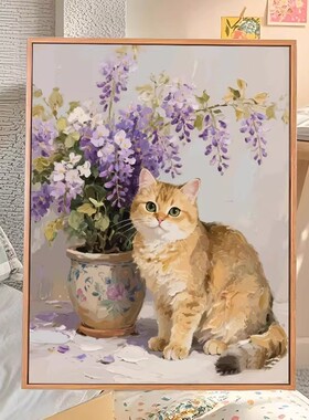紫藤花与金渐层治愈猫咪挂画ins风客餐厅卧室床头墙壁装饰摆画