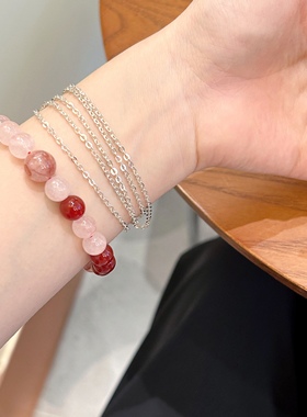 天然粉水晶手链女款招财红胶花