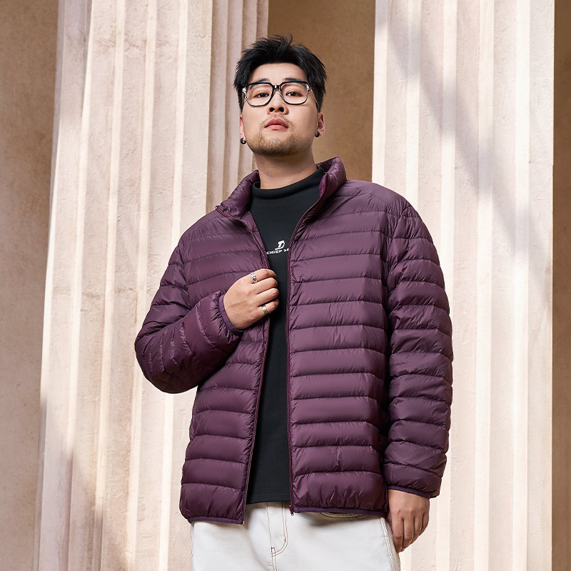 黑劲大码男装轻薄排骨羽绒服男胖子加肥加大保暖白鸭绒立领外套