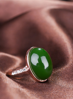 蛋面碧玉女士玫瑰金戒指