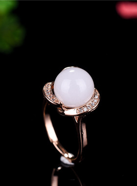 羊脂级女款925银18K玫瑰金镶嵌新疆和田白玉戒指环复古活口