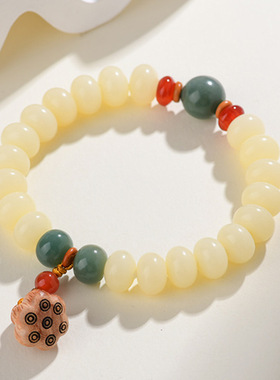 批发奶油黄玉化菩提根苹果珠单圈手链新中式佛珠文玩男女莲蓬