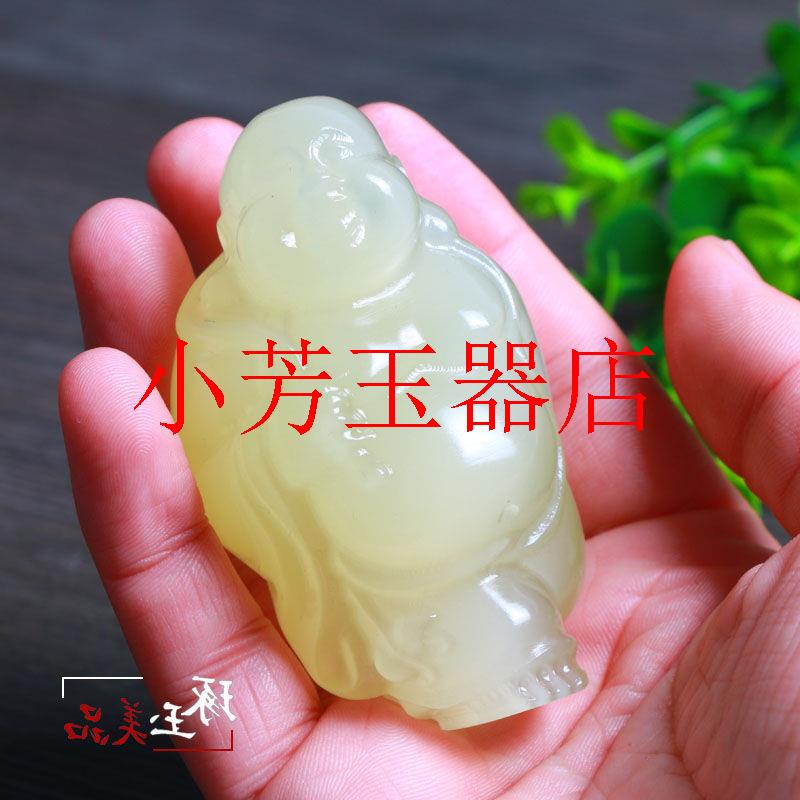 精选新疆和田玉高冰种青白玉站佛玉石笑佛手把件青白玉弥勒佛吊坠