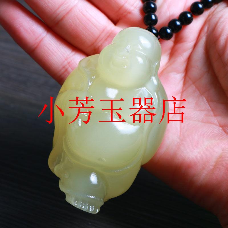 精选新疆和田玉高冰种青白玉站佛玉石笑佛手把件青白玉弥勒佛吊坠