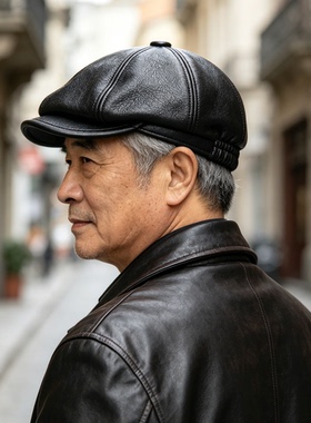 帽子男士秋冬皮帽男真皮帽子男款八角帽画家帽羊皮鸭帽