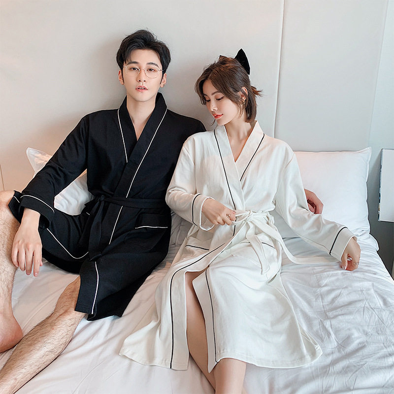 白色男女纯棉长袖春秋宽松长款睡袍 达尔爽睡衣/家居服套装