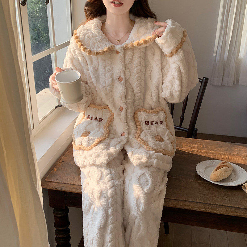 秋冬季珊瑚绒睡衣女款加厚加绒甜美保暖长袖开衫法兰绒家居服套装,淘宝优惠券,粉丝福利购,淘宝优惠卷