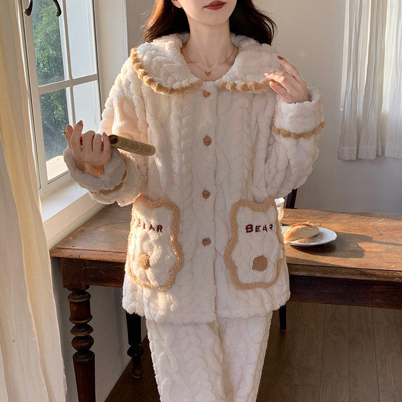 秋冬季珊瑚绒睡衣女款加厚加绒甜美保暖长袖开衫法兰绒家居服套装,淘宝优惠券,粉丝福利购,淘宝优惠卷