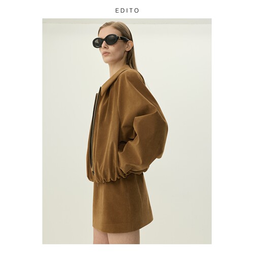 EDITO 焦糖浅棕色麂皮感腰带装饰低腰短裙 - 图1