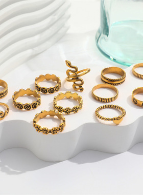 个性夸张蛇形花朵爱心几何戒指