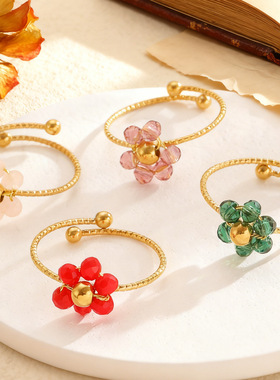 Colorful crystal flower simple small fresh opening ring 女