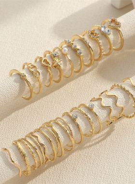 几何关节镶钻金色戒指合金简约女