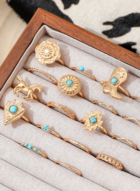 intage imitation turquoise western cowboy relief ring set 18