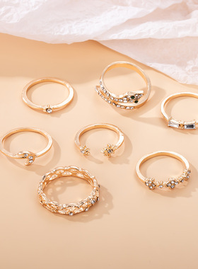 金色蛇形月亮镂空点钻戒指欧美