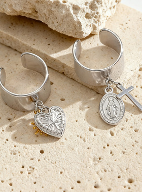 Stainless steel ring with Cross Love Madonna Pendant